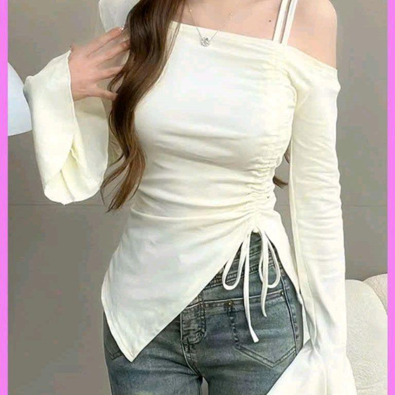 Áo trễ vai tay dài thiết kế xẻ tà phối dây rút ôm body sexy quyễn rũ 013 1