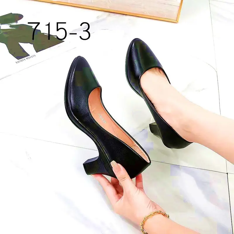 School Shoes Black Leather Work Heels 1-inch Black Shoes For Women