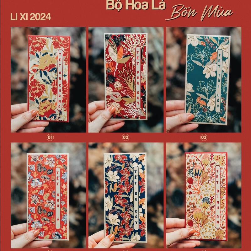 Combo 50 bao lì xì Vintage Tết 2025 chủ đề Hoa Lá Bốn Mùa Phú Quý Xuân May Mắn Đầu Xuân