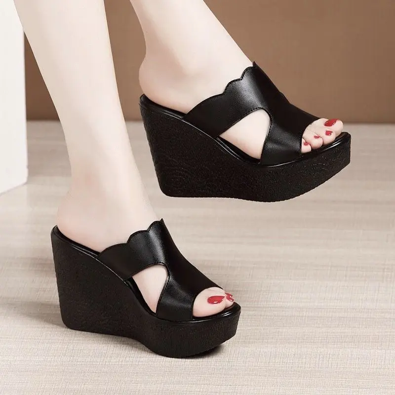Dép đế xuồng nữ quai lượn sóng 3 màu -đen-trắng -đỏ-đế 9 phân