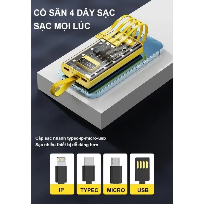 Sạc Pin Dự Phòng 30.000mah Tặng cáp 4 in 1 Sạc Nhanh PD22.5W Tích Hợp 4 Dây Sạc - Đèn Led Chiếu Sáng SP01 sạc  dự 100w 4