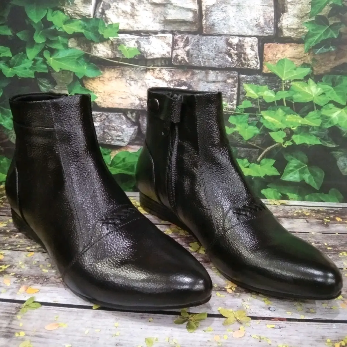sepatu boots cewek flat kulit asli Hitam Karet