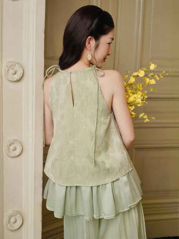 La Boutique - Áo Yếm Gấm Cột Nơ Viền Bèo BỘI SAM Và Quần Voan Tơ Dập Ly (Lớp Lót Satin) - Set Đồ Tết Nữ 6