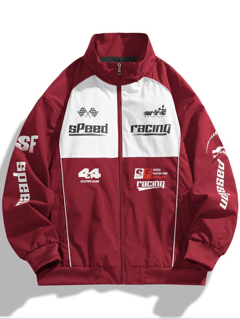 Product Introduction of Men's Colorblock Letter Print Zip Up Jacket, Regular Fit Casual Pocket Funnel Neck Windproof Outerwear for Daily Wear, Men's Clothes for All Seasons, Jackets for Men, Men's Clothing 4