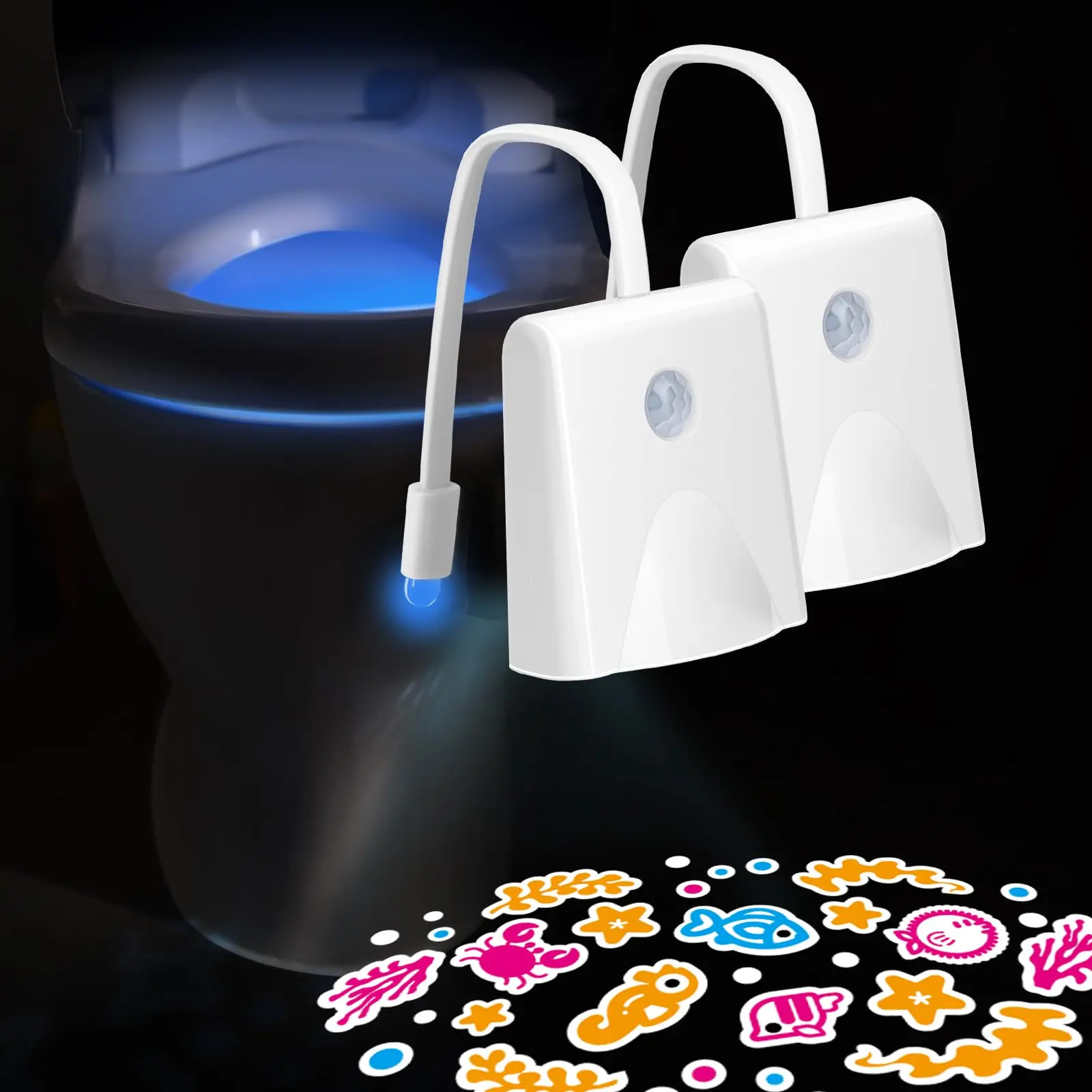 USB Rechargeable Toilet Night Light, 16-Color Changing Motion-Sensor Activated LED Projection Night Light, Waterproof Cool Gadgets for Bathroom Decor