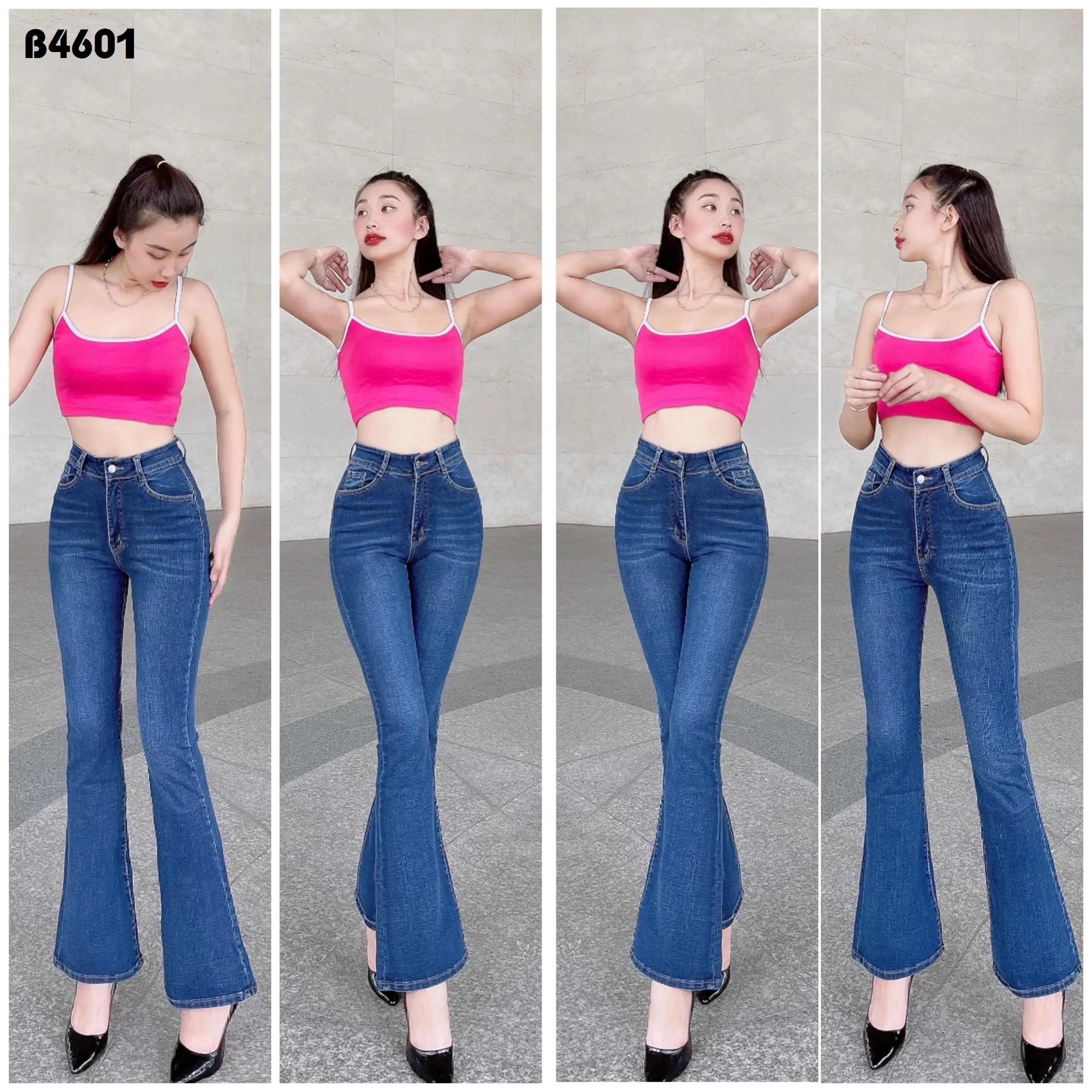 Quần jean nữ loe 1 nút màu xanh jean đậm wash rm chât mềm co giãn B4601 Pants Women Kem - NM Jeans quan  jean