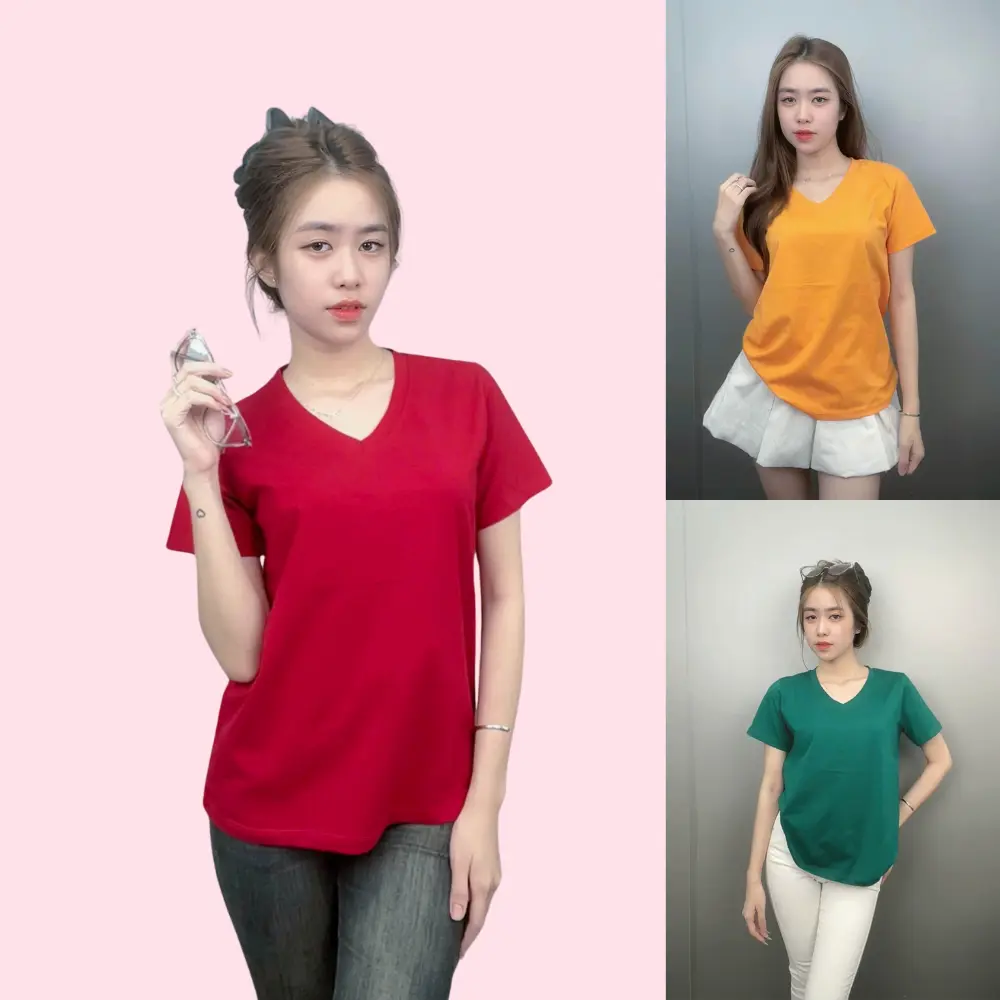 A055- Áo Thun Thái Nữ Cổ Tim Co Giãn Tôn Dáng, Mịn Mát, Thấm Hút Mồ Hôi