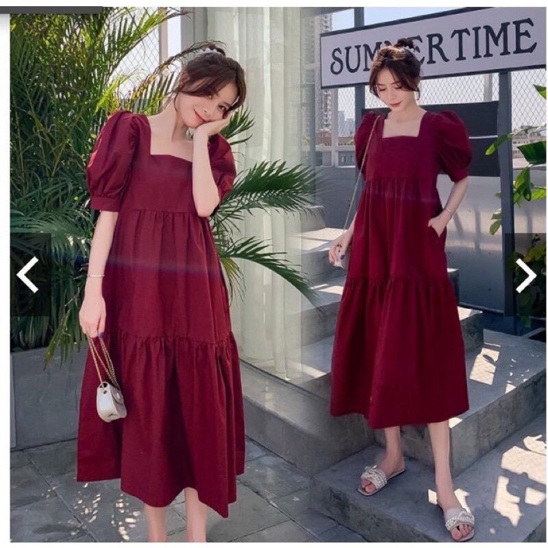 Váy bầu dáng dài VB85 đầm bầu babydoll cổ vuông tay bồng màu đỏ