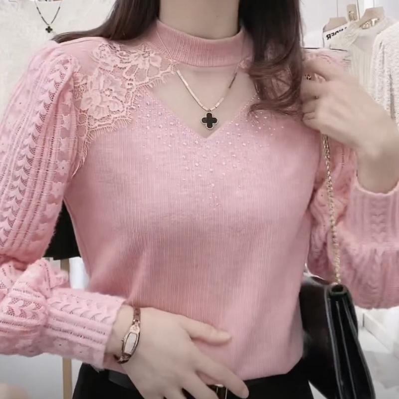 Áo Cánh Cho Nữ, Phong Cách Thường Ngày Và Gợi Cảm, Phổ Biến Năm Nay, Áo Sơ Mi Ren Màu Hồng Ấm Áp, Mùa Đông 2023 Hàng Mới Về, Thiết Kế Đẹp, Lót Lông Cừu, Có Thể Mặc Bên Trong, Dáng Rộng Vừa Vặn, Áo Phông, Thích Hợp Cho Năm 2024