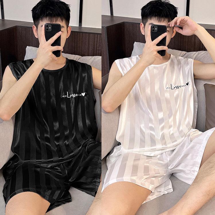 Đồ Ngủ Mùa Hè Cho Nam, Chất Liệu Lụa Lạnh Mỏng, Bộ Sưu Tập Mới 2024, Áo Vest Và Quần Đùi, Bộ Đồ Mặc Nhà, Không Tay, Ngoại Cỡ, Thích Hợp Cho Mùa Hè Menswear 0