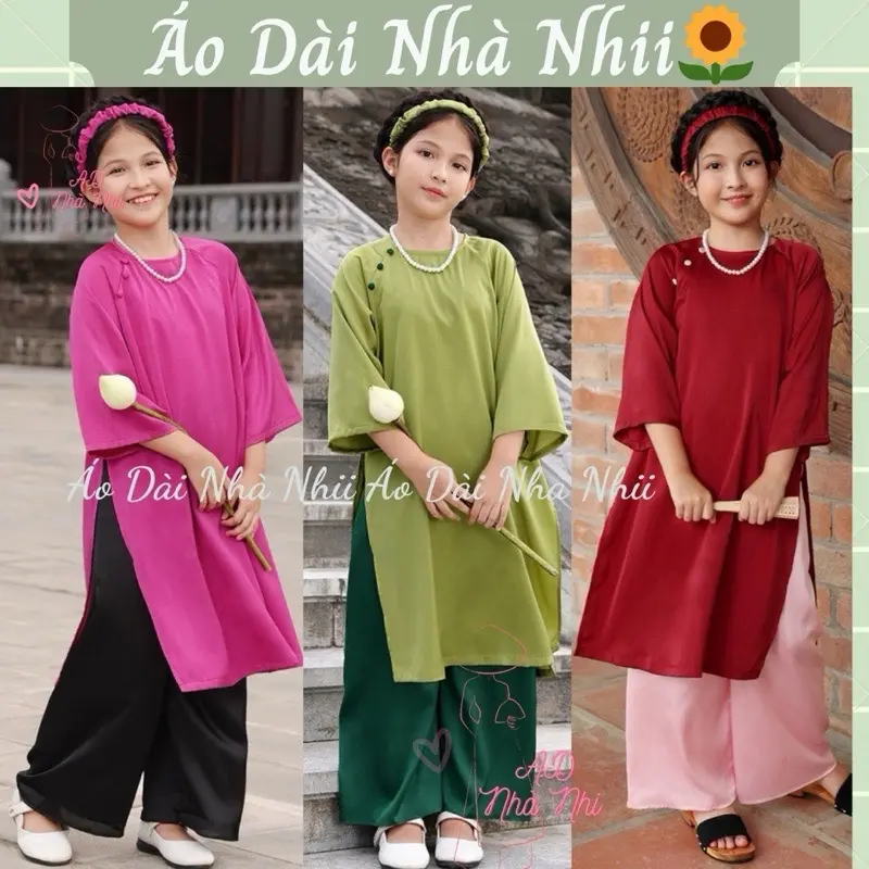 Áo Dài cách tân đỏ cho bé gái mặc tết, đi chơi vải lụa siêu mướt đính cúc vải