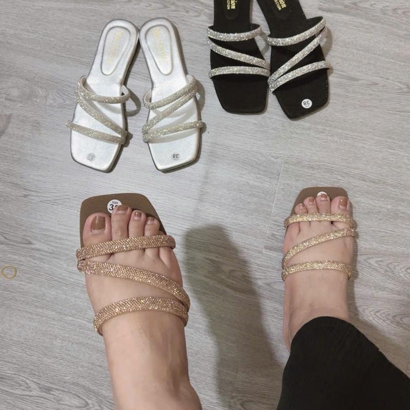  Dép nữ quai ngang đính đá 3 dây xoắn đế bệt sang trọng  dép kiểu nữ đẹp DéP Shoes giay dep 