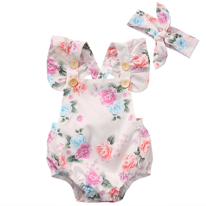 Product Introduction of 2PCS Clothes Set Newborn Baby Girls Flying Sleeve Flower Open Back Romper + Bow Headband Clothes 38