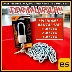Paket Rantai Besi Kapal 1/8 mm + Gembok 30 mm Leher Panjang 30mm MURAH gembok pagar gembok pintu rumah