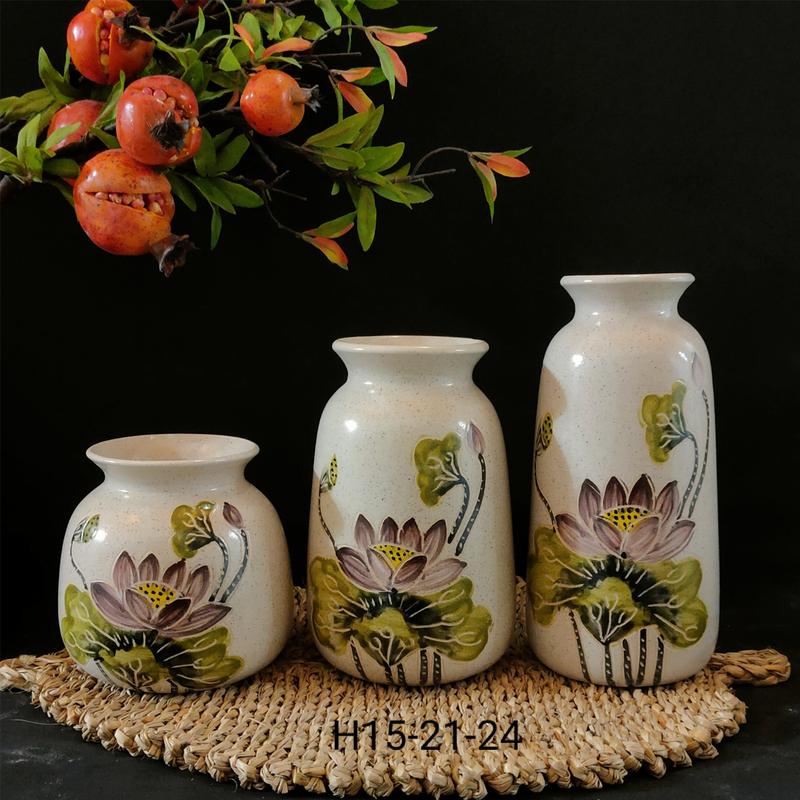 Bộ bình gốm 3 Lọ hoa gốm sứ vẽ tay men lạnh - Gốm bát tràng Decor
