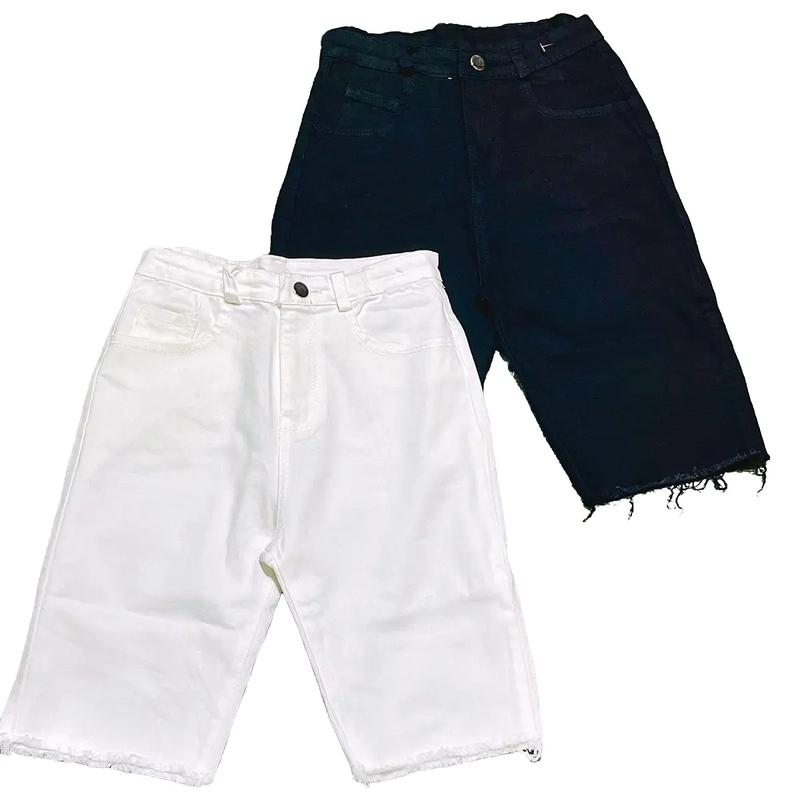 Quần đùi ngố trơn rách lai lưng cao thời trang kaki jean nữ tua lai ,Pants Denim Women Có Túi Màu Trắng Khuy quần đùi  jean nữ ôm dáng demin