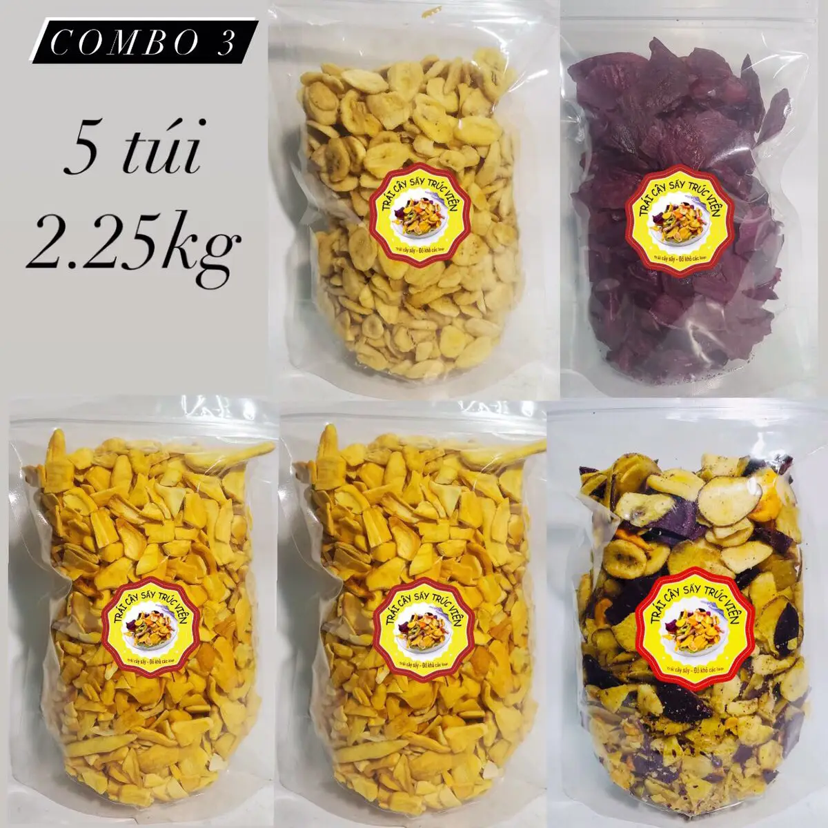 [2.25kg] Combo 3: 2 túi mít vụn, 1 thập cẩm vụn, 1 chuối tròn mini, 1 khoai lang sấy mật