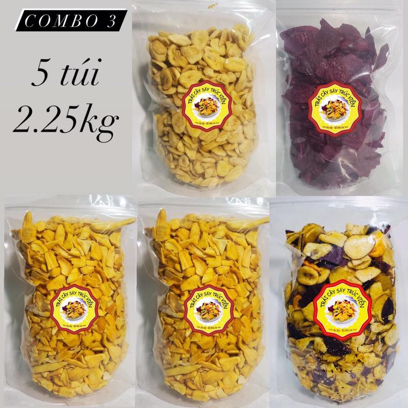 2.25kg Combo 3: 2 túi mít vụn 1 thập cẩm vụn 1 chuối tròn mini 1 khoai lang sấy mật