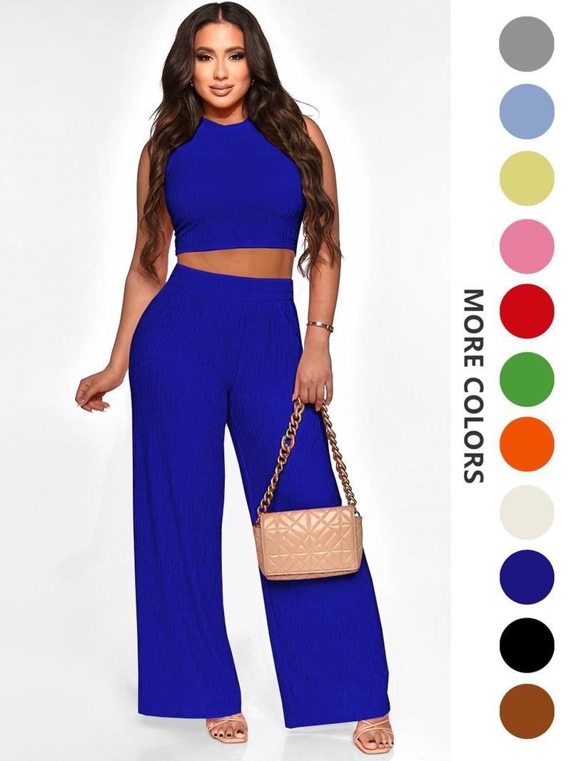 Product Introduction of Two-piece Set Women's Solid Textured Co-ord Set, Casual Round Neck Crop Tank Top & Wide Leg High Waist Pants Set, Ladies Summer Clothes for Daily Wear 4