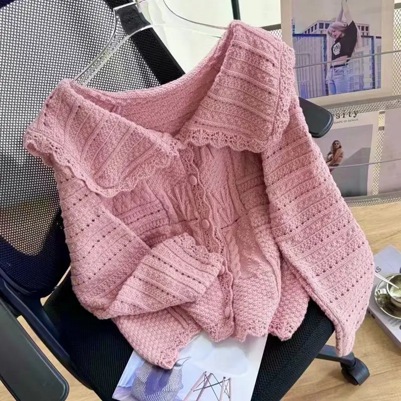 Áo Cardigan Cổ Peter Pan, Hàng Mới Về, Thiết Kế Cắt Xẻ Ngọt Ngào Áo Mặc Bên Ngoài Dệt Kim, Áo Cardigan Len Tươi Mới Nhẹ Nhàng, Thích Hợp Cho Mùa Xuân Và Mùa Thu, Quần Áo Nữ, OOTD Top Women
