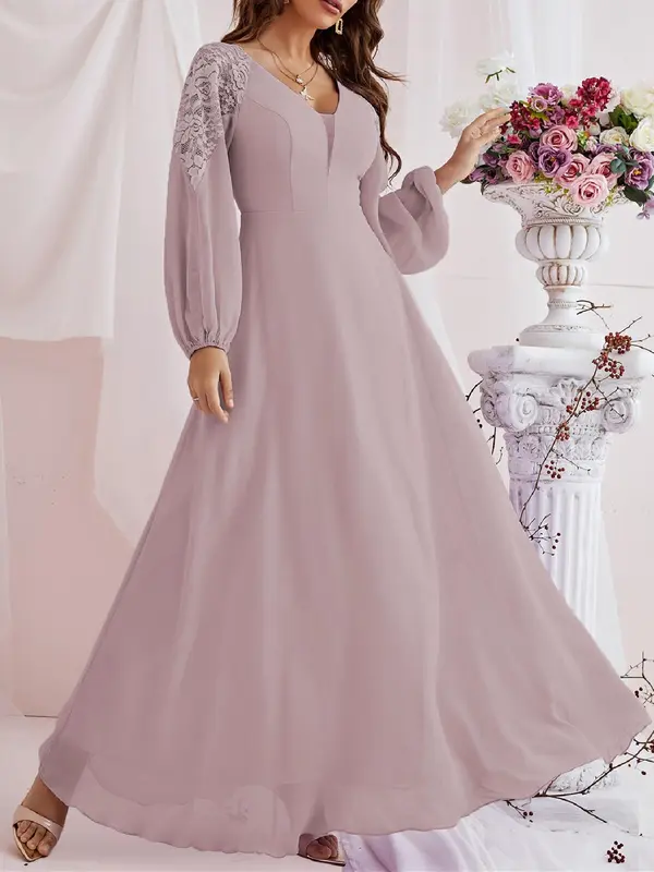 Women's Mean Girls Contrast Lace Lantern Sleeve Vneck A-line Long Dress, Chic Elegant Minimalist Chiffon Maxi Flowy Dresses for Bridesmaid Wedding Guest Party, Spring & Fall Clothes Occasional Wear 2