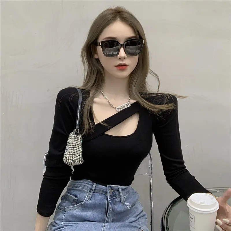 2024 Autumn New Design Discreet Hollow T-Shirt Solid Color Versatile Long Sleeve Top Women's Trendy Fabric Fit