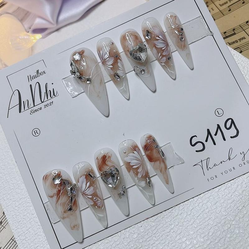  Mã S119 nailbox thiết kế sơn gel thạch gạo loang nâu vẽ hoa cúc đính đá 