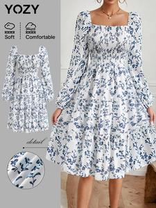 YOZY Women's Floral Print Frill Trim Shirred Ruffle Hem A Line Dress, Boho Bishop Sleeve Square Neck Dress for Spring, Women's Clothing for Beach Holiday Vacation