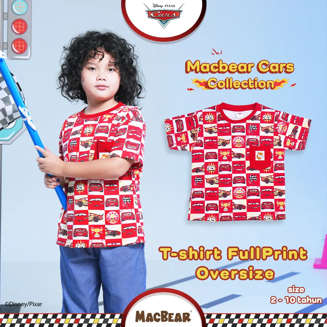 Macbear Cars Collection Kaos Champion Oversize Tshirt Lightning Mcqueen 2-10 Tahun