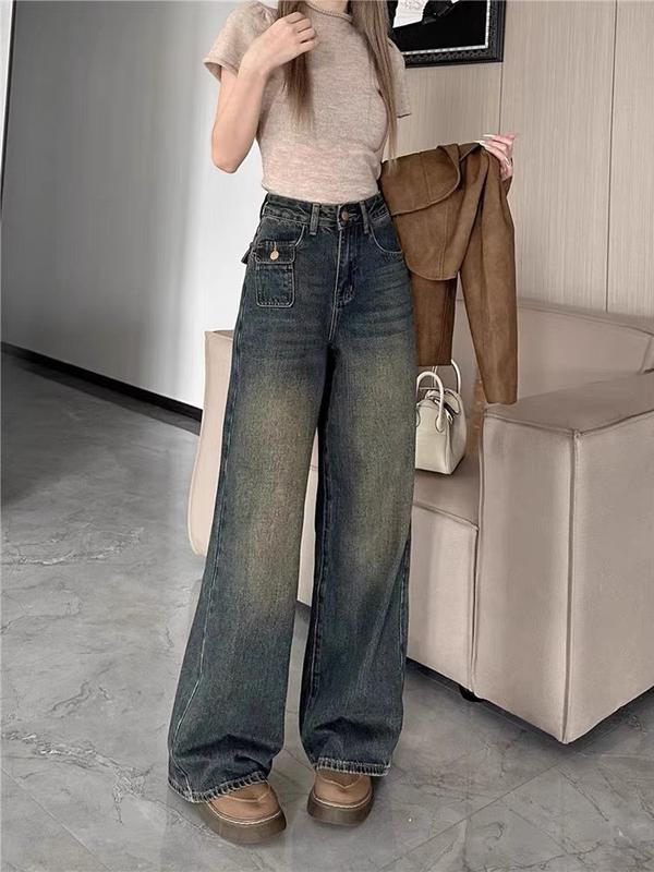 Quần jean ống rộng trơn lưng cao túi kiểu quần baggy bò suông rộng hàng VNXK bigsize MS214 2KJean