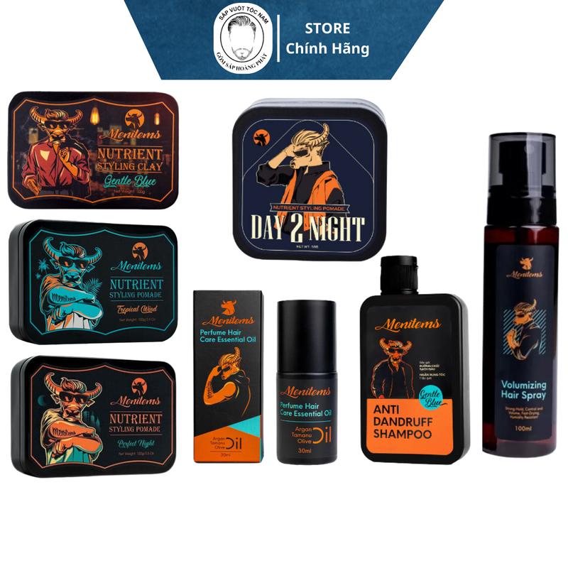 [Full Line Menitems] Sáp vuốt tóc nam Menitems Perfect Night, Tropical Wind, Gentle Blue Clay, Tinh Dầu Dưỡng, Dầu Gội, Xịt Tạo Phồng, Máy Sấy Tóc + Tặng Lược Pomade Chăm Sóc Tóc