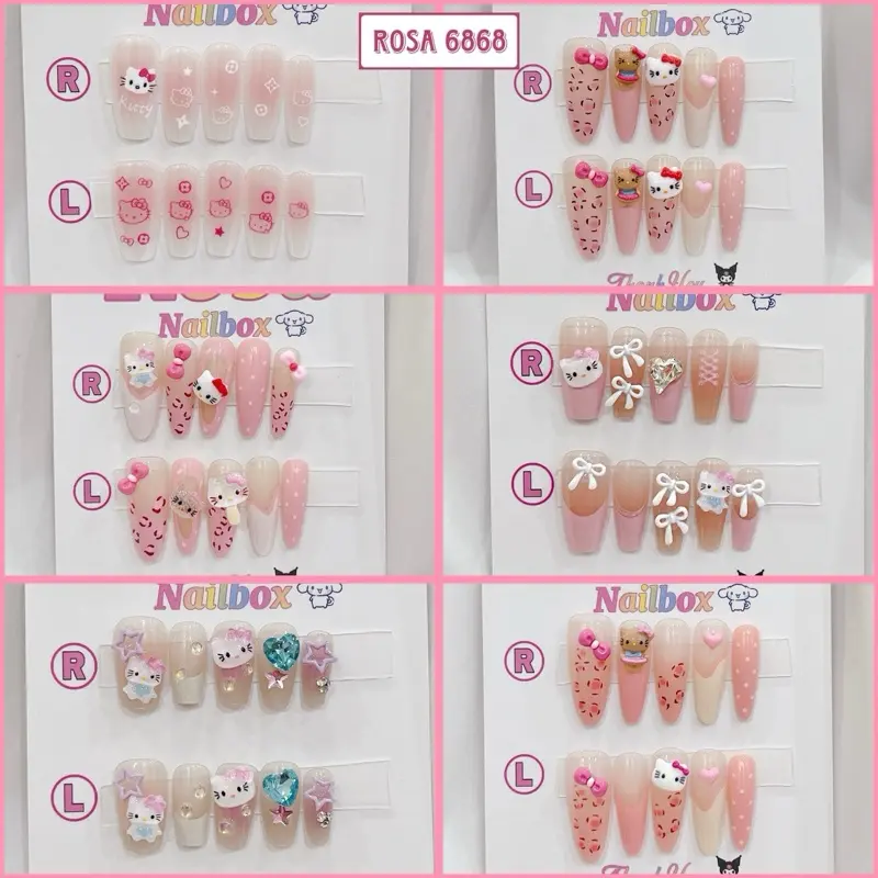 Nailbox thiết kế (th1) móng tay giả bầu oval mắt mèo y2k hạt na ngắn lalabu hello kitty loopy cinnamoroll hoạt hình  - Rosa