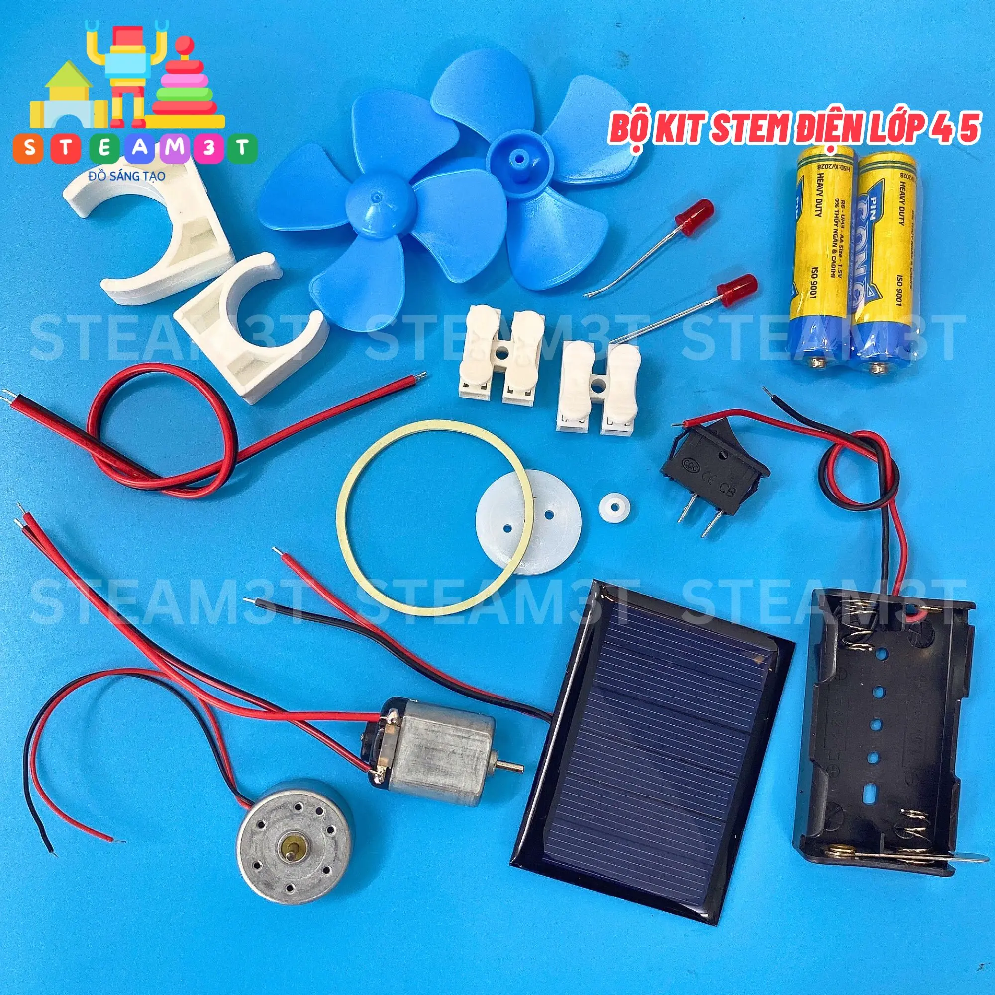 Bộ thiết bị điện môn công nghệ lớp 4 5, Bộ Kit STEM Điện Lớp 4, 5 bộ thí nghiệm stem phát điện gió, điện mặt trời, sáng led, ròng rọc - LK0907