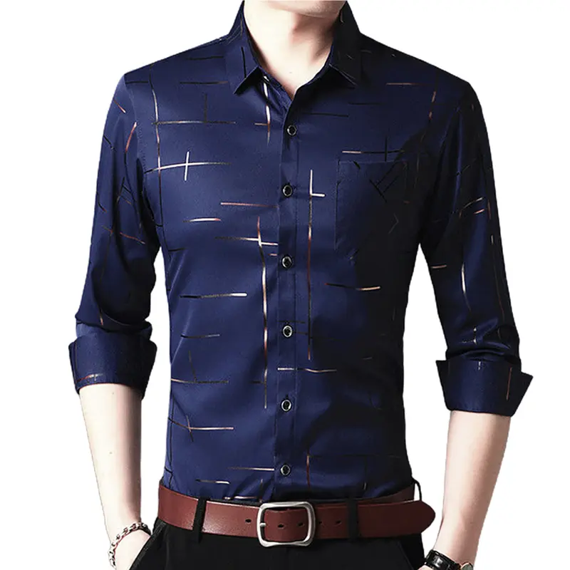 [Gz] Áo Công Sở Dài Tay Cho Nam, Áo Có Cổ Rẽ, Sọc, Một Bên Ngực 0