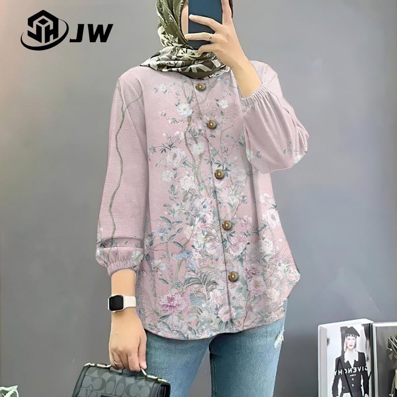 Product Introduction of Women's Muslim shirt elegant and colorful flower oversized loose long sleeved top, beautiful button style affordable and comfortable long sleeved shirt 31