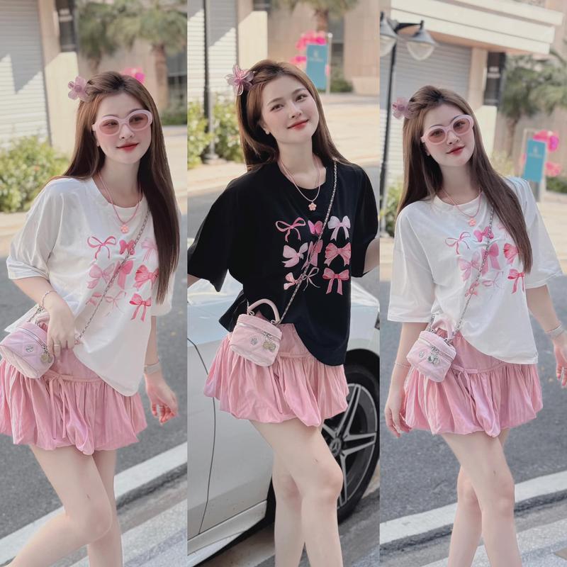 BARE_Set áo thun form rộng in nơ hồng mix chân váy bí nơ hồng cho nàng điệu đà-AT012, CV062 Nữ Women Top