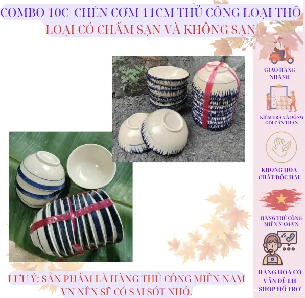 COMBO 10c CHÉN CƠM ĐẤT NUNG  THỦ CÔNG HÀNG  THÔ ĐƯỜNG KÍNH 11cm  3 MẪU (PHẾT TRONG/PHẾT NGOÀI/CHỈ XANH) 1