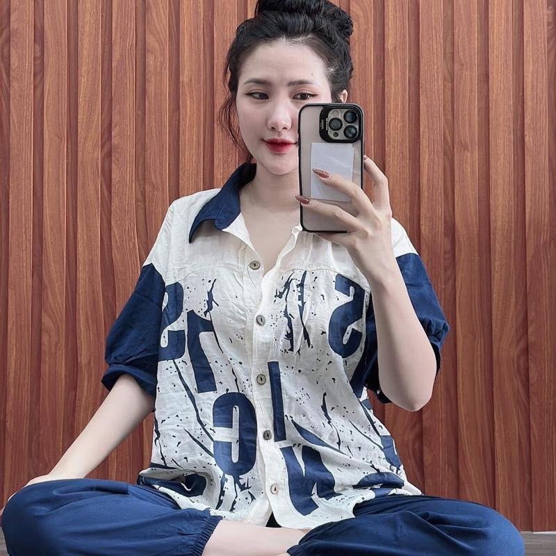 Đồ Bộ Đũi Tay Phồng nhẹ In chữ thân áo quần bo chun không giản