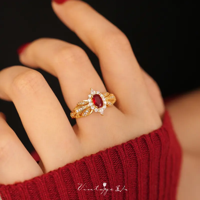 Nhẫn Hở, Phong Cách Tòa Án Pháp, Thiết Kế Cổ Điển Cao Cấp, Độc Đáo, Ruby Sáng Bóng, Hiệu Ứng Làm Sáng Women Nữ 0