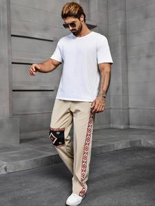 Men's Ethnic Pattern Embroidery Sports Straight Leg Pants, Casual Comfy Trousers for Outdoor Wear, Men's Bottoms for All Seasons