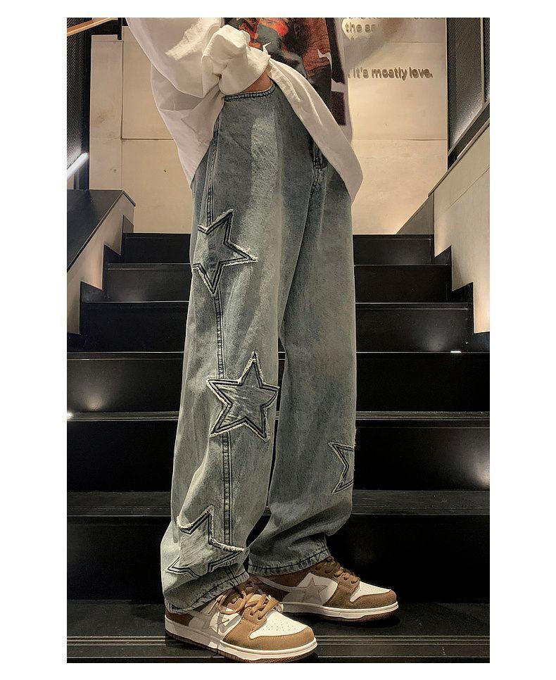 Product Introduction of Pants Men's Ins Fashionable Loose Wide-Leg American Vibe High Street Jeans Men's Fashionable Fried Street Ruan Shuai Straight Men's Pants Sneaker 24