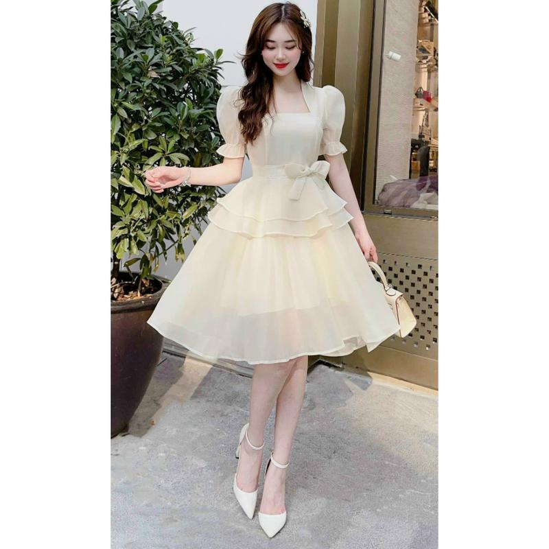 Đầm dự tiệc dáng xòe xếp tầng cổ vuông tay phồng cho nàng dịu dàng(dưới 54kg)