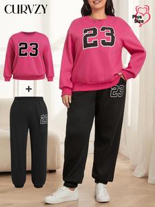 CURVZY Plus Size Two-Piece Set Figure Print Drop Shoulder Sweatshirt & Elastic Waist Sweatpants Set, Casual Fashion Cozy Round Neck Long Sleeve Pullover & Pocket Jogger Pants for Daily Outdoor Wear, Women's Two-piece Outfits for Spring & Fall