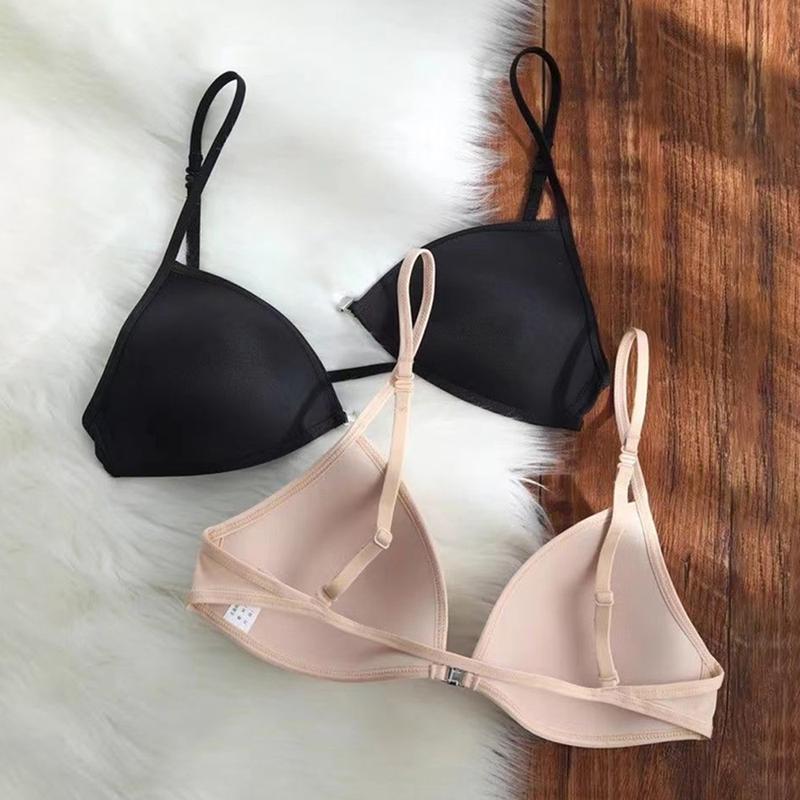 Product Introduction of Front Buckle Triangle Cup Gathered Bra French Halter Neck Thin Breathable Bra Thin Shoulder Strap Solid Color Large Size Bra Fabric Nylon Womenswear 19