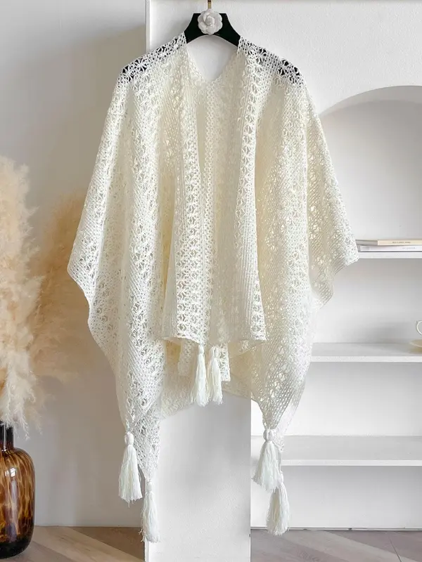 Women's Solid Color Lace Trim Poncho Cape, Casual Soft Comfortable Shawl for Daily Wear, Fashion White Clothing Accessories for All Seasons, Clothes 2