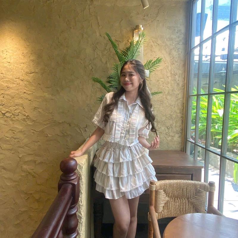 [S2] Set áo kẻ thô đũi cà vạt, chân váy xoè tầng xếp ly phối ren Nữ Women Top chảnh 1
