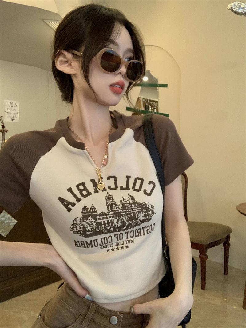 Product Introduction of Trendy V-Neck Short Sleeve T-Shirt for Women Spring Summer 25 Styles Sweet and Spicy American Retro Design Short Student Top Fashion 6