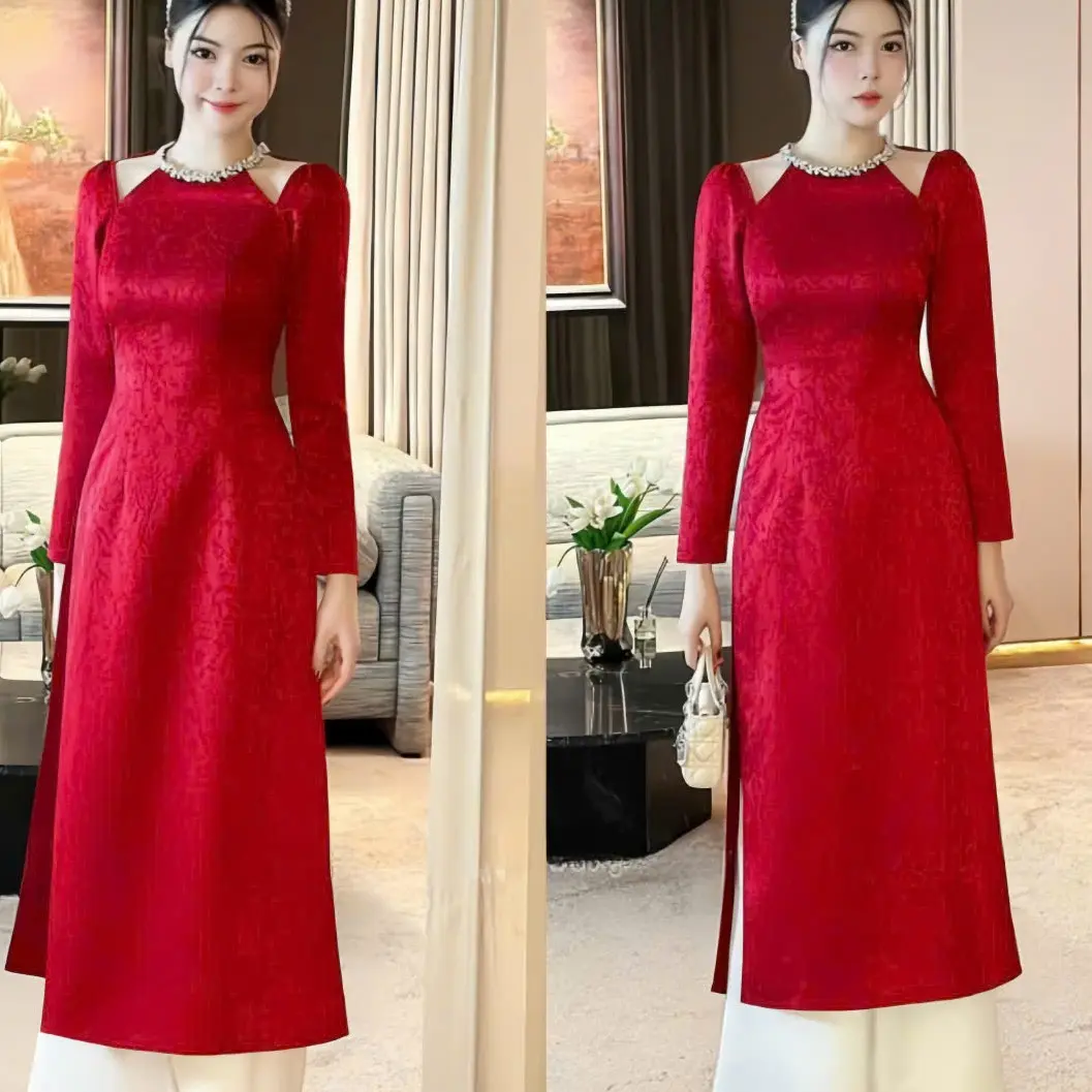 Set bộ nữ áo dài gấm thiết kế tay dài cổ tròn hở vai kèm phụ kiện gài mix quần lụa dài ống rộng sang chảnh dành cho các nàng diện di chơi,di tiệc. Women