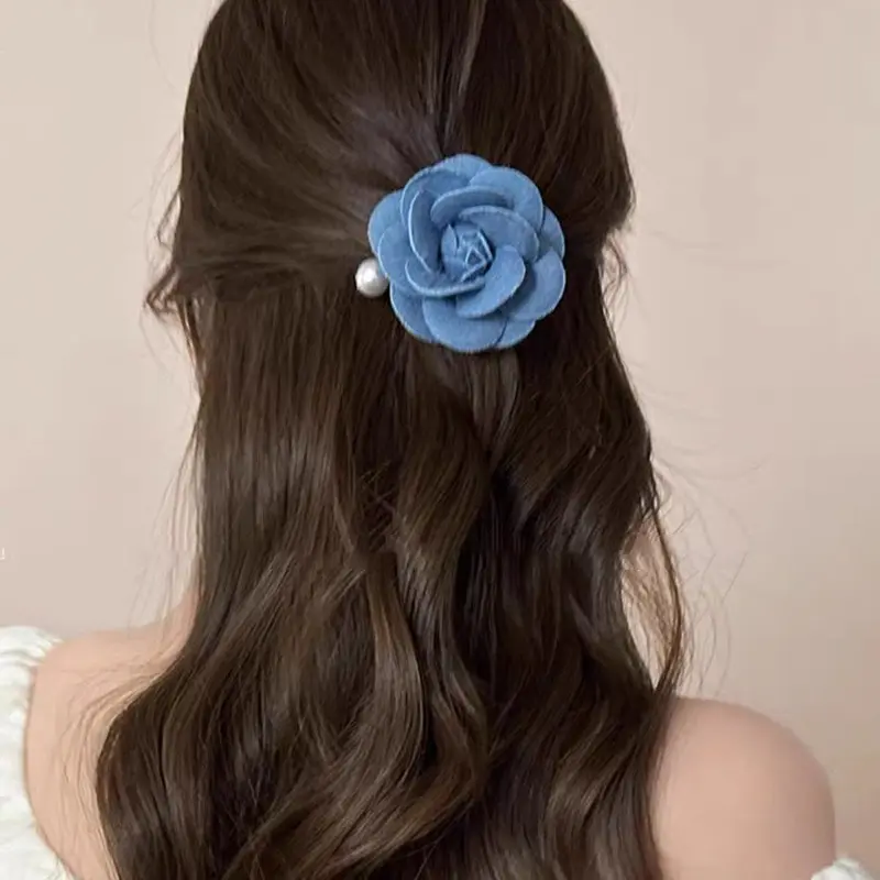 Denim Blue Vintage Rose Barrettes Sweet Side Bang Side Clip