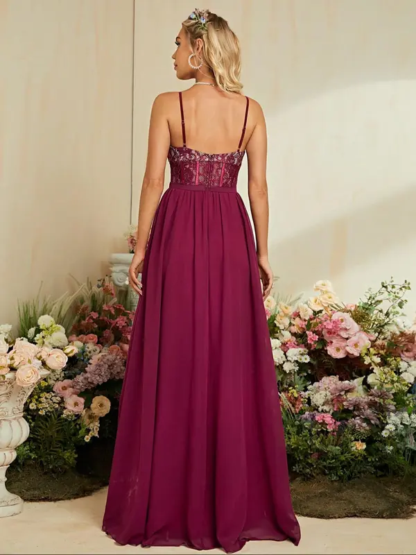 Women's Plain Backless Split Thigh Corset Evening Dress, Elegant Adjustable Strap Zipper Back Maxi Dress for Party & Banquet, Ladies' Clothes for All Seasons 1